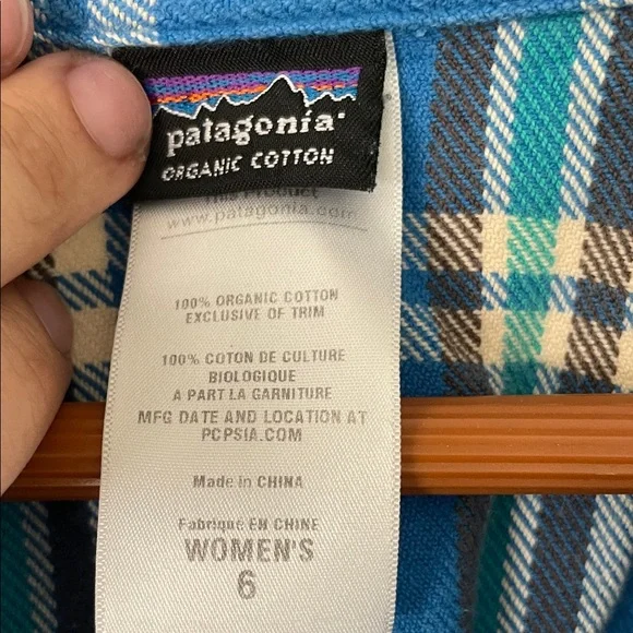Patagonia Turquoise and Brown Plaid Shirt gently used size 6 - Picture 2 of 3